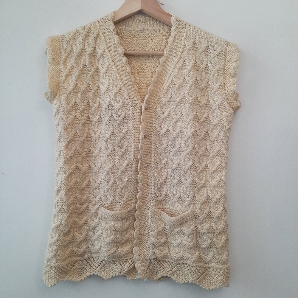 Vintage Cream Cable Knit Crochet Sweater Vest Cottagecore Boho Country